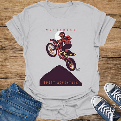 Motocross graphic t-shirt with biker mid-air jumping and text "SPORT ADVENTURE."