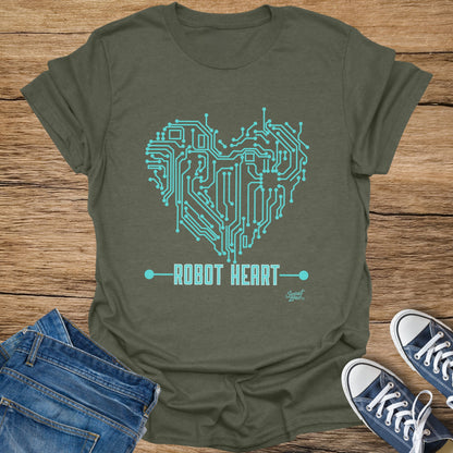 Olive green t-shirt with a teal circuit board heart graphic and text "ROBOT HEART".