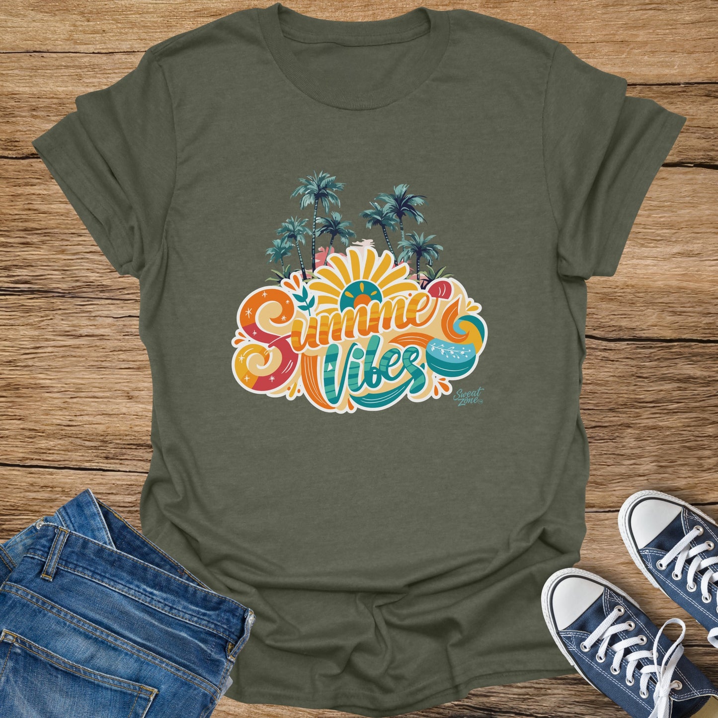 Olive green t-shirt with colorful "Summer Vibes" graphic and palms.