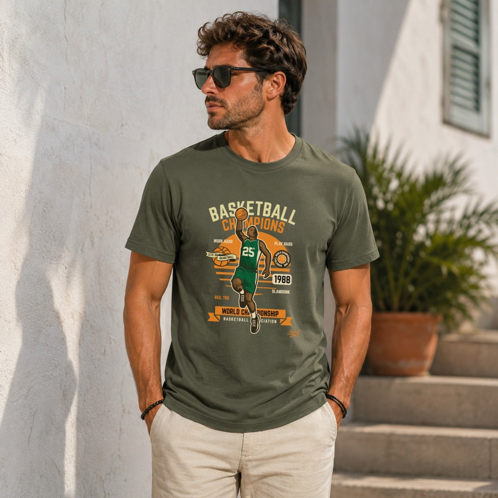 Olive green t-shirt with "Basketball Champions" graphic and basketball player.
