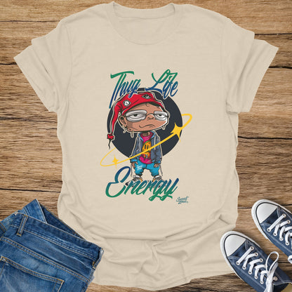 Cream t-shirt with cartoon character graphic, "Thug Life Energy," and "Sweat Zone" logo.