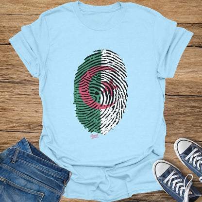 Light blue t-shirt with Algeria flag fingerprint design and distressed lettering.