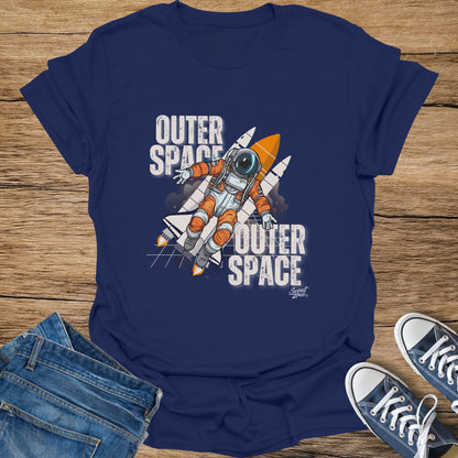 Navy t-shirt with "Outer Space" text and astronaut with rocket graphic.