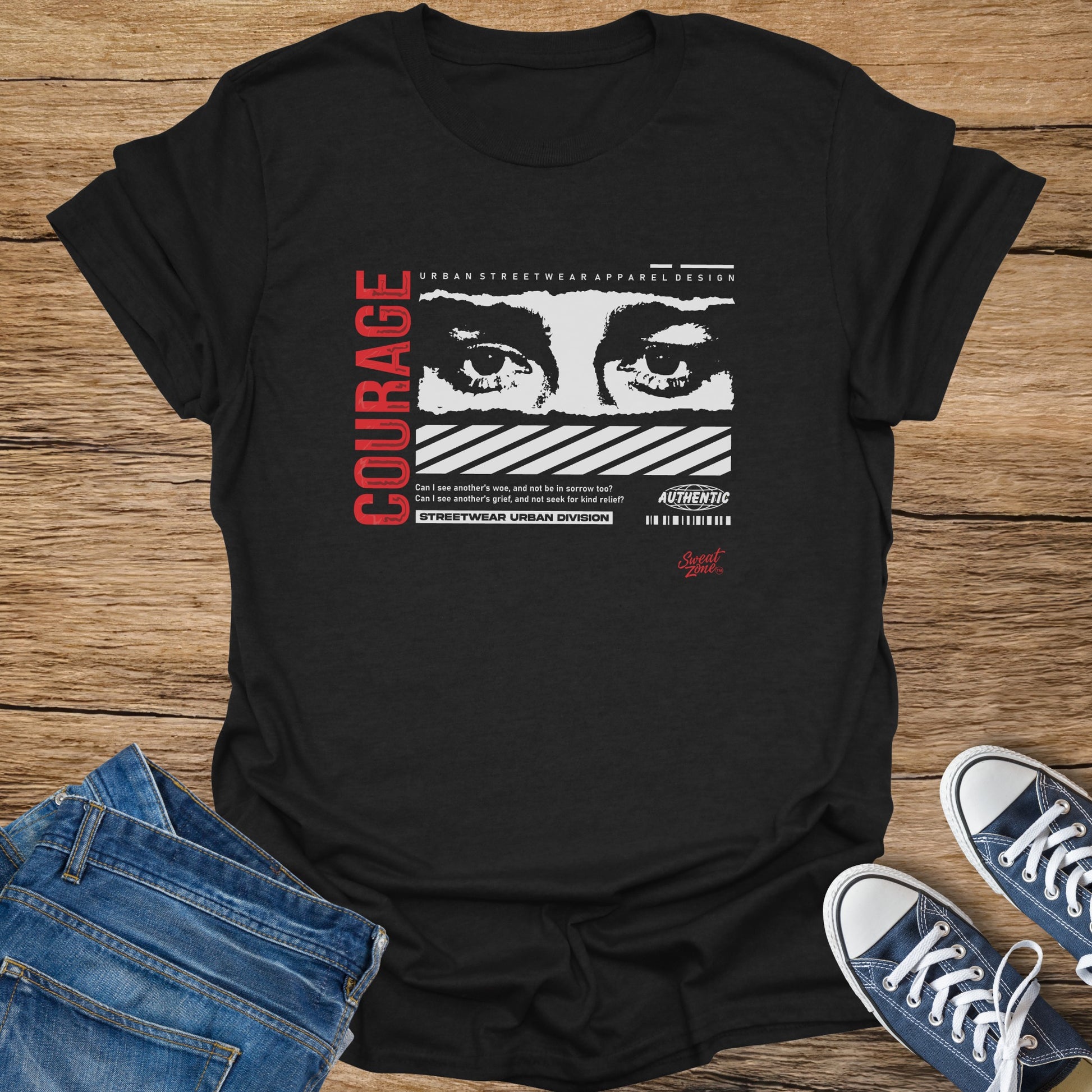 Black t-shirt with "COURAGE", eyes graphic, and "Authentic" text.