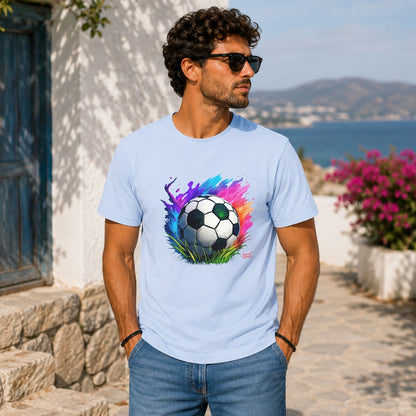 Light blue t-shirt with a colorful soccer ball graphic and grass detail.