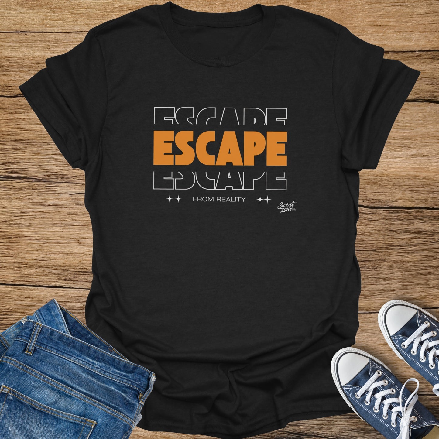 Black t-shirt with "ESCAPE FROM REALITY" text and a small logo.