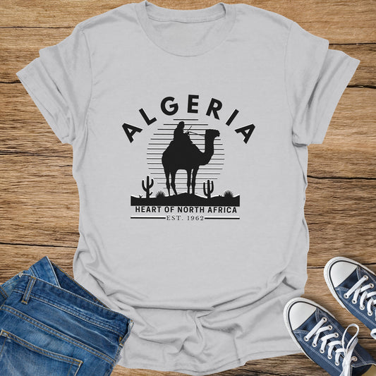 Grey t-shirt with Algeria camel silhouette and text "HEART OF NORTH AFRICA EST. 1962".
