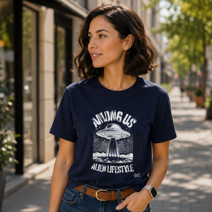 Navy t-shirt with "AMONG US ALIEN LIFESTYLE" and UFO graphic.