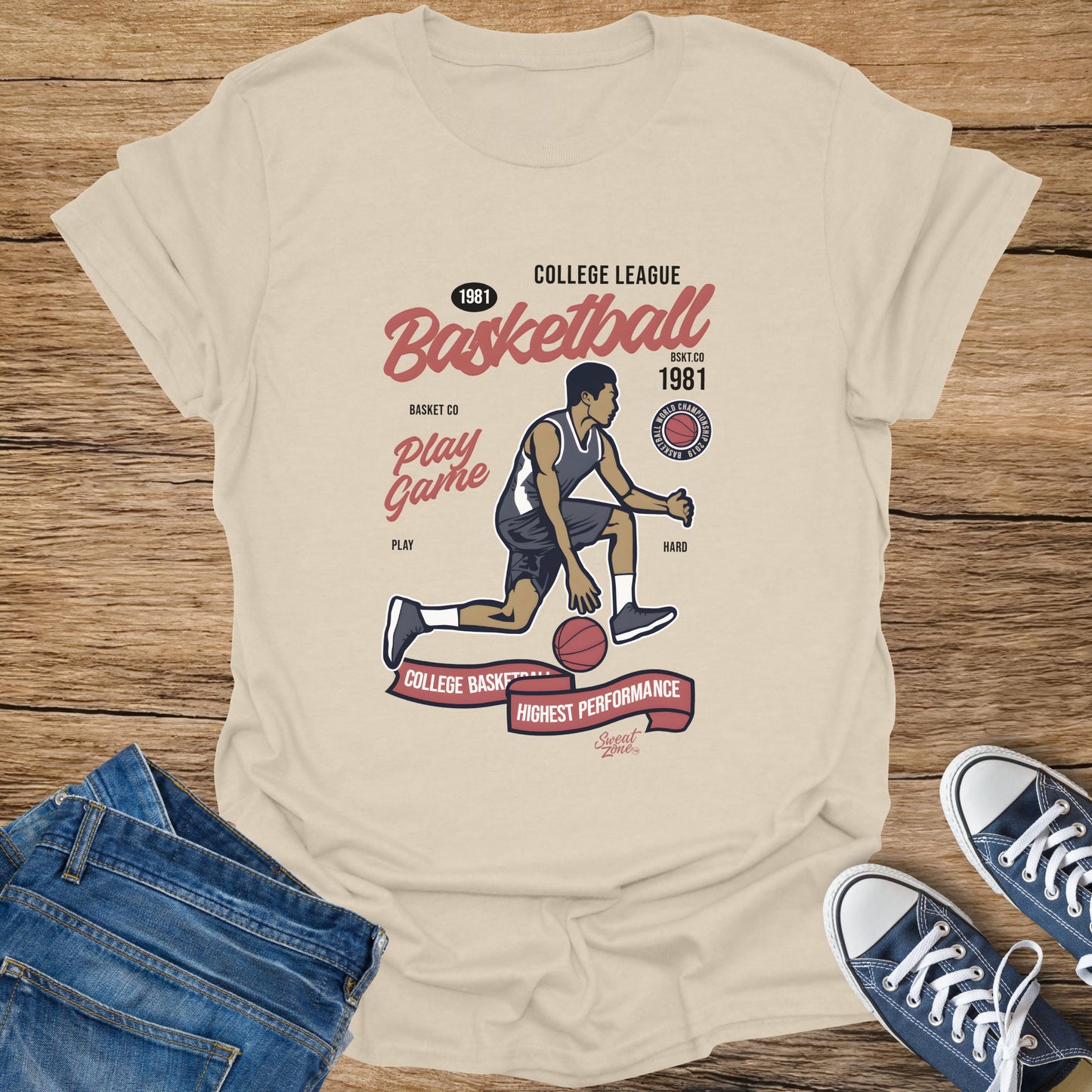 Cream t-shirt featuring a basketball player graphic with "College League Basketball" text.