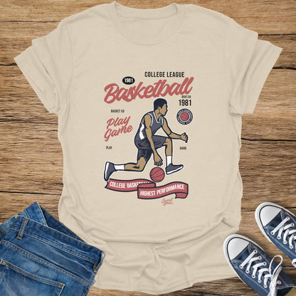 Cream t-shirt featuring a basketball player graphic with "College League Basketball" text.