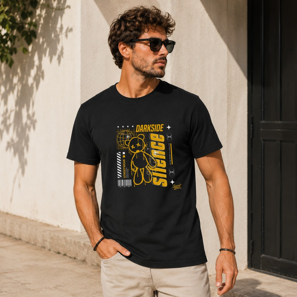 Black t-shirt with "DARK SIDE SILENCE" text and teddy bear graphic.