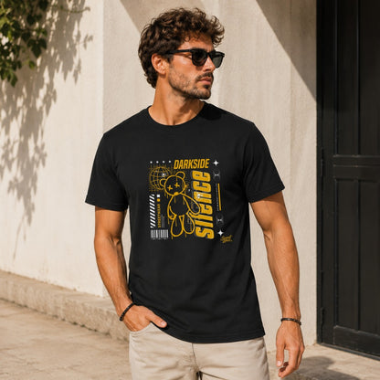 Black t-shirt with "DARK SIDE SILENCE" text and teddy bear graphic.