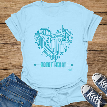 Light blue t-shirt with teal circuit board heart design that says "ROBOT HEART".
