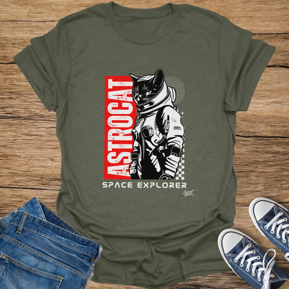 Olive t-shirt with black and white astronaut cat graphic and text.