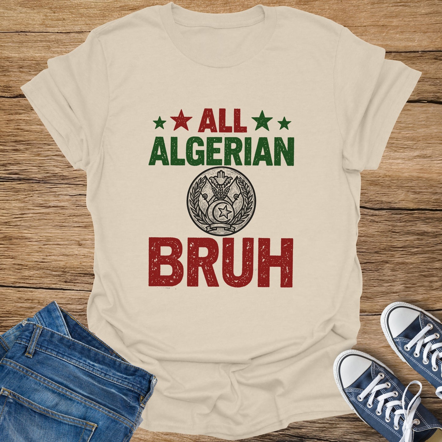 T-shirt with distressed text "ALL ALGERIAN BRUH" and Algerian crest.