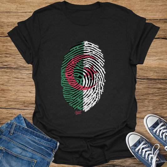Black t-shirt with Algerian flag fingerprint graphic.