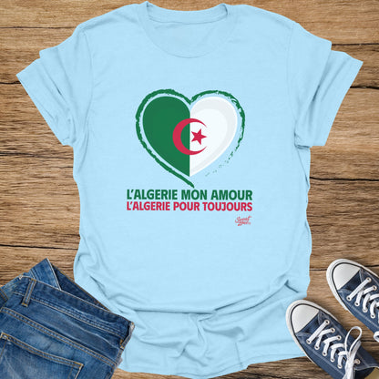 Light blue t-shirt with Algerian flag heart and French text.