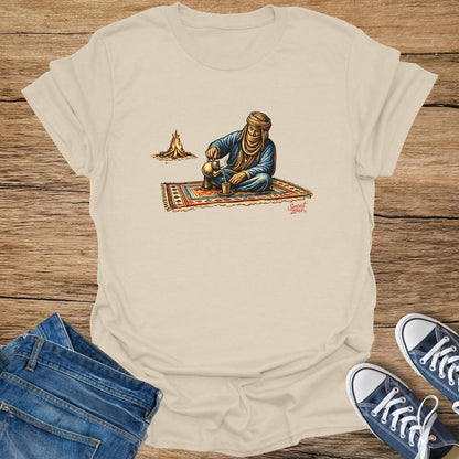 Illustration of man in traditional clothing pouring drink by campfire on a rug