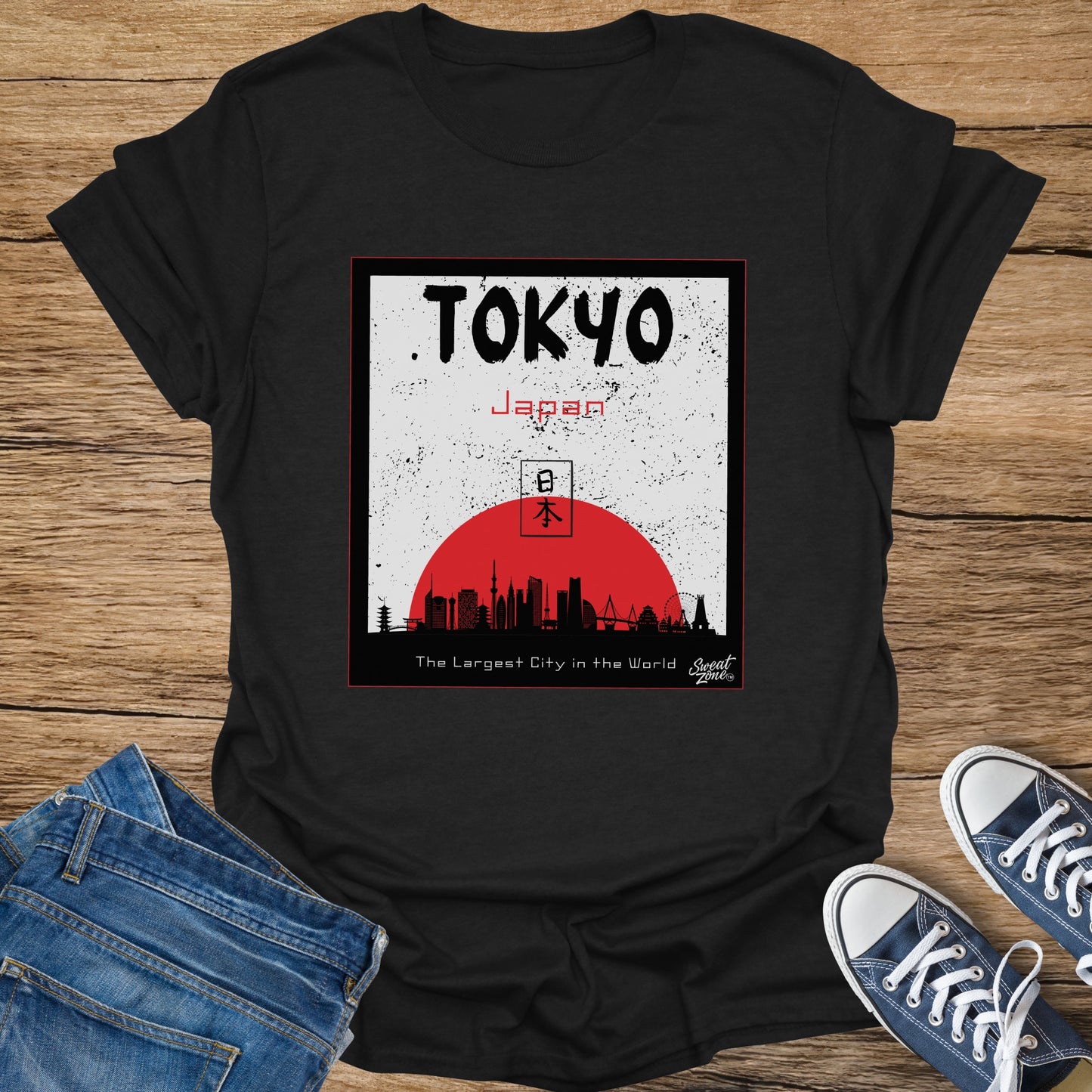 Black t-shirt featuring a distressed graphic of Tokyo skyline, Mount Fuji, and Japanese text.
