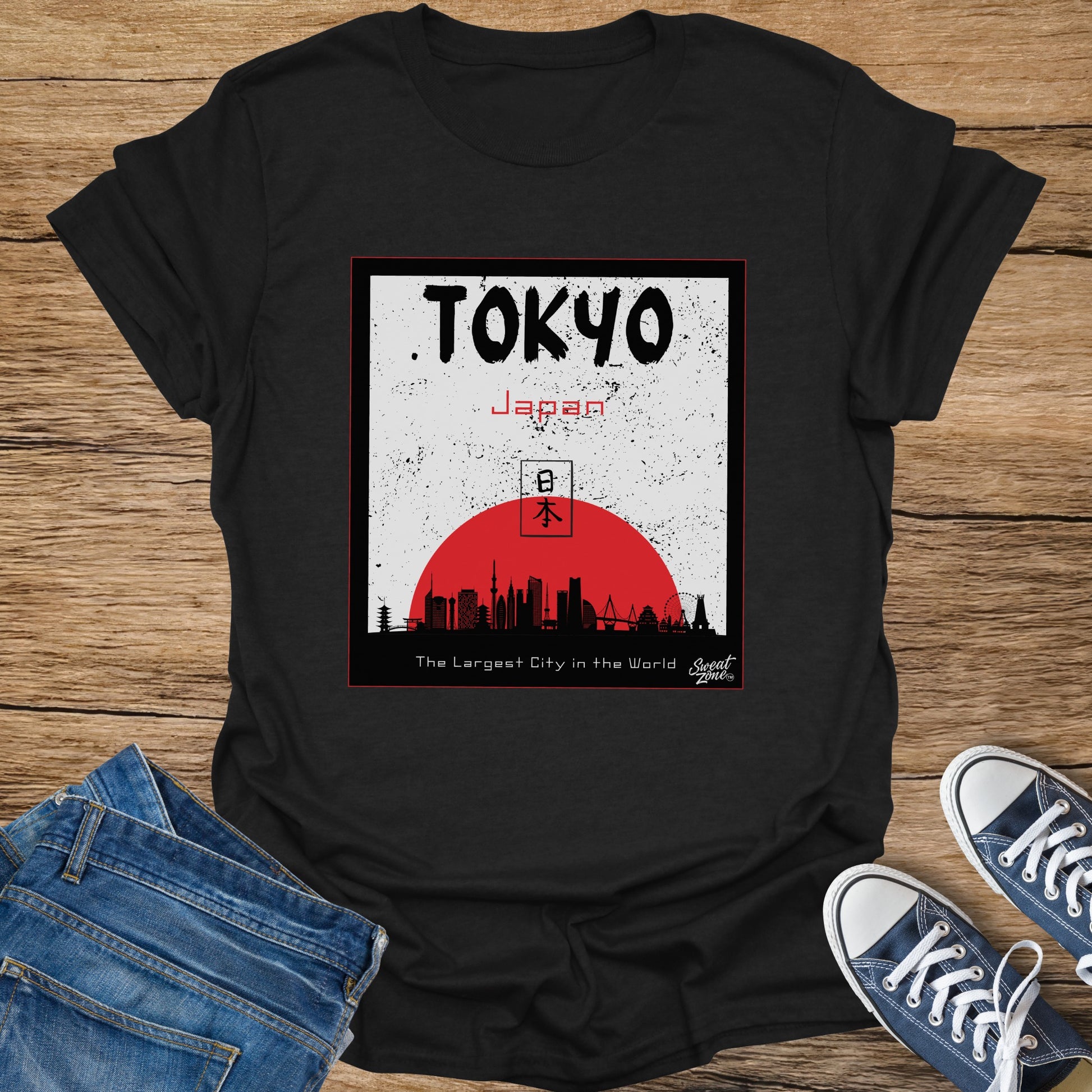 Black t-shirt featuring a distressed graphic of Tokyo skyline, Mount Fuji, and Japanese text.