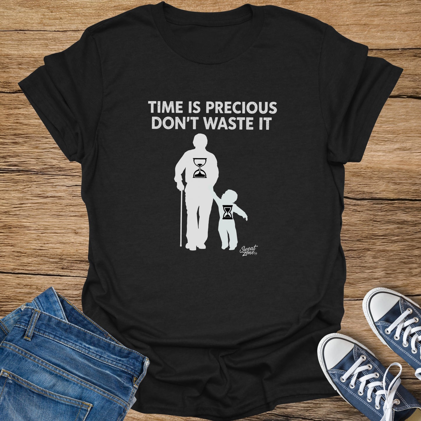 Black t-shirt with "TIME IS PRECIOUS DON'T WASTE IT" and hourglass icons.