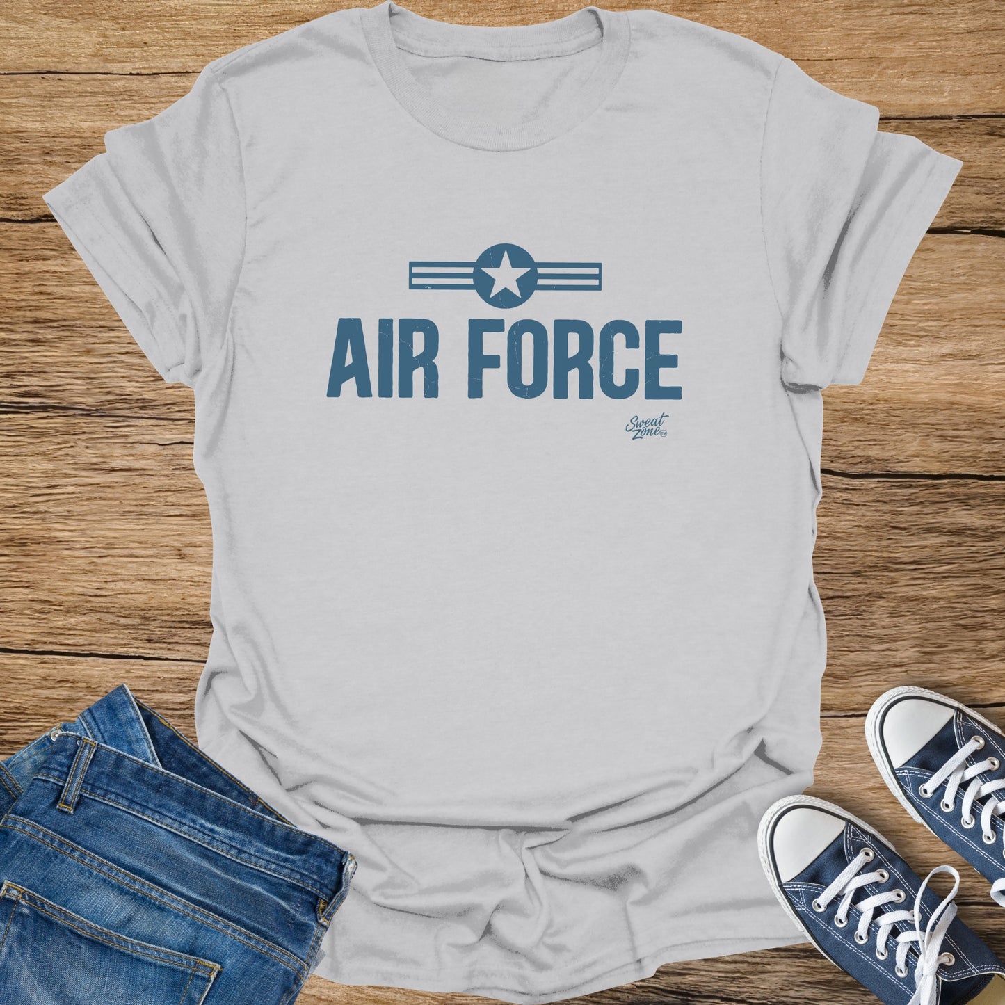Light gray t-shirt with "AIR FORCE" text and a star insignia.