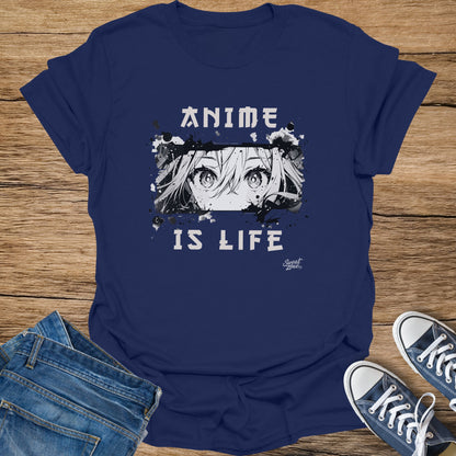 Navy t-shirt with black and white anime eyes graphic and "ANIME IS LIFE" text.