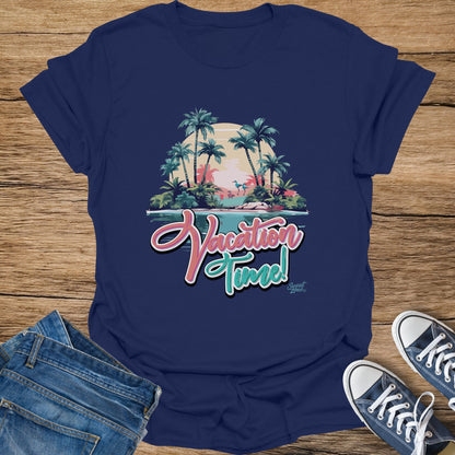 Navy t-shirt with "Vacation Time" in script overlying a tropical sunset scene.