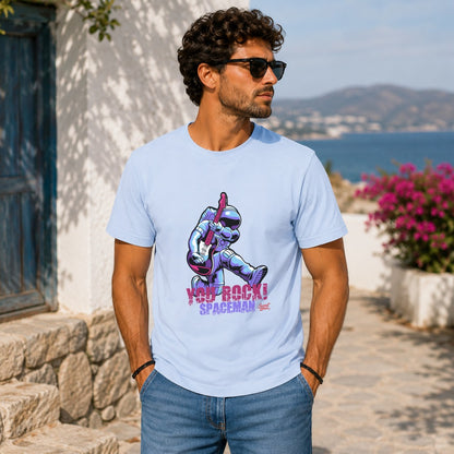 Light blue t-shirt with graphic of spaceman playing guitar, reads "YOU ROCK!"