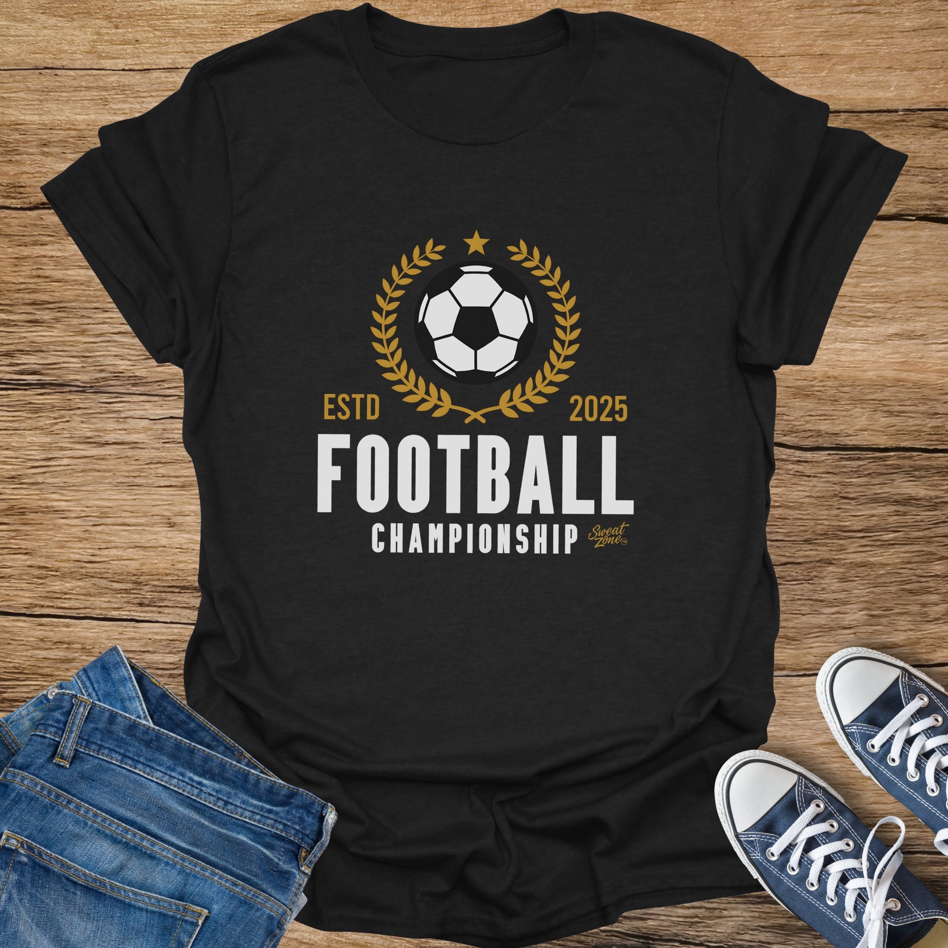 Black t-shirt with "Football Championship" graphic and soccer ball.