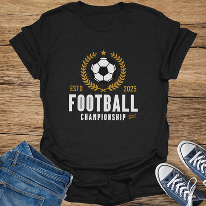 Black t-shirt with "Football Championship" graphic and soccer ball.