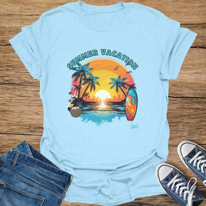 Light blue t-shirt with "SUMMER VACATION" text and tropical beach sunset design.