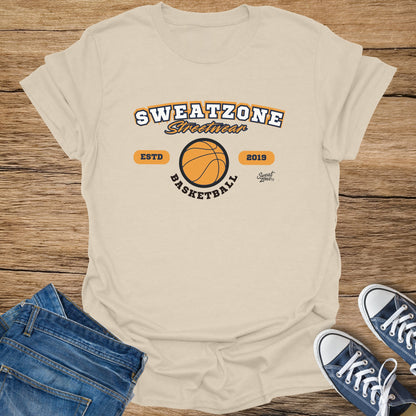 Cream t-shirt with "SWEATZONE Streetwear Basketball" and a basketball graphic.
