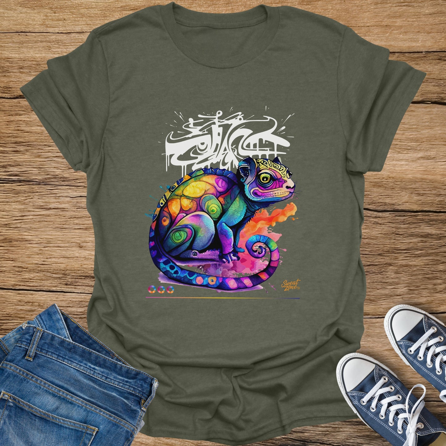 Green t-shirt with a vibrantly colored chameleon graphic and white graffiti.