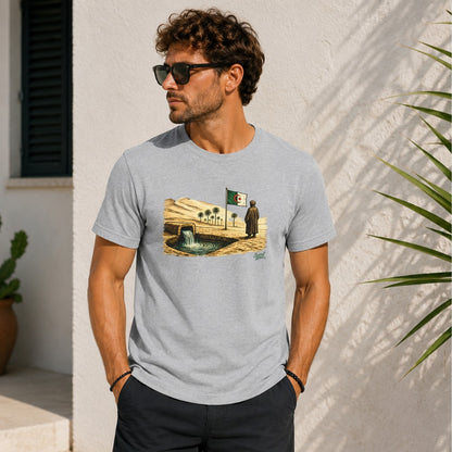 T-shirt graphic of a man with Algerian flag near an oasis and palm trees.