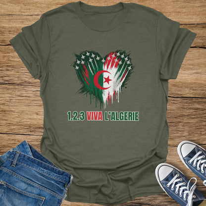 Olive green t-shirt with a heart made of Algerian flag colors and jets, and text "1.2.3 VIVA L'ALGERIE".