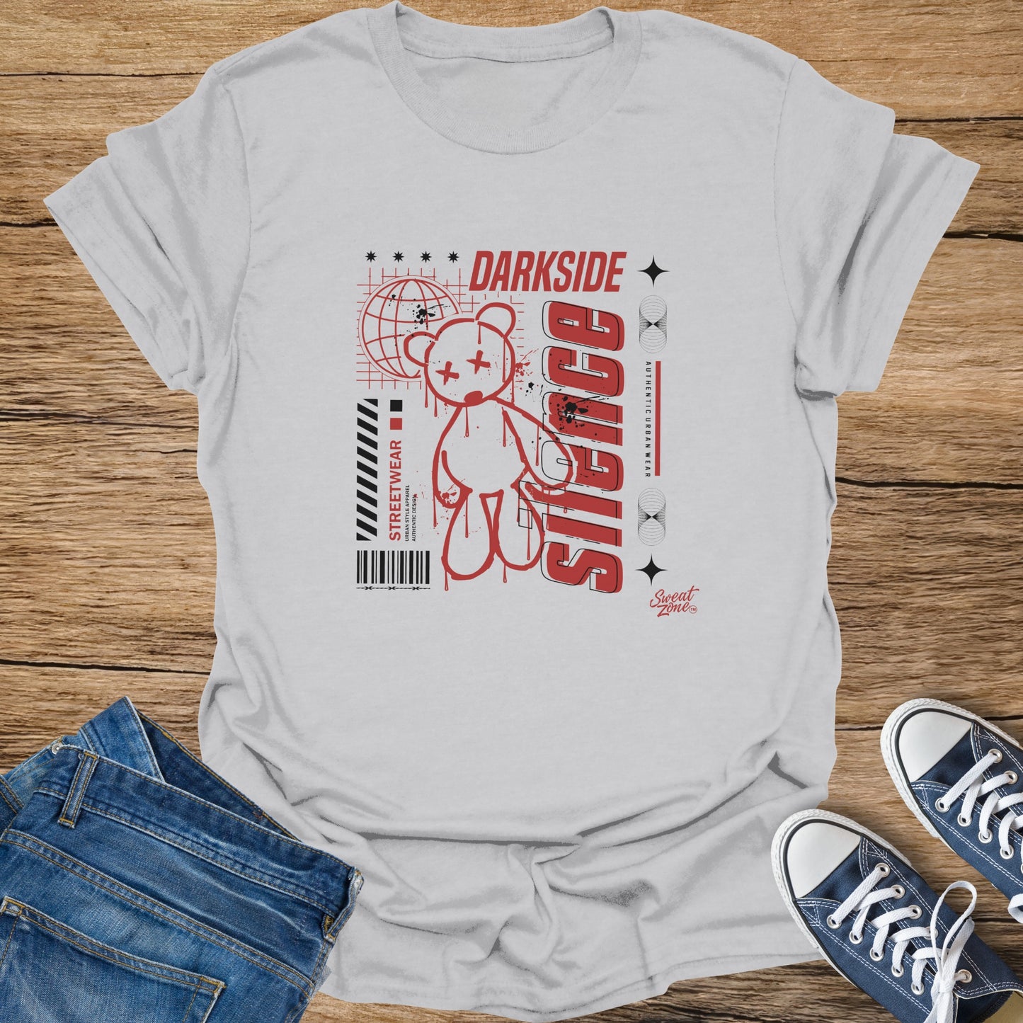 Light grey t-shirt with graphic featuring a red teddy bear, "Darkside," and "Savage" text.