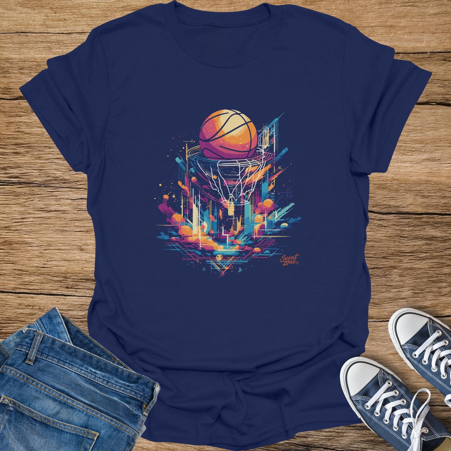 Navy t-shirt with abstract basketball, city, and clouds graphic art.