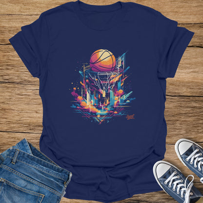 Navy t-shirt with abstract basketball, city, and clouds graphic art.