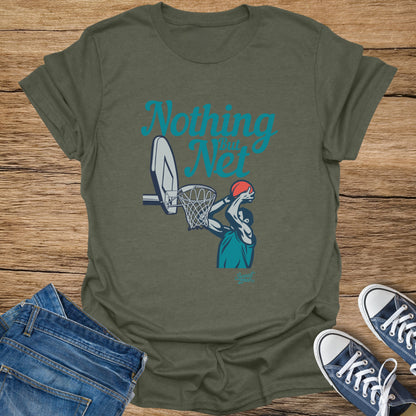 Olive green t-shirt with "Nothing But Net" and basketball player graphic.