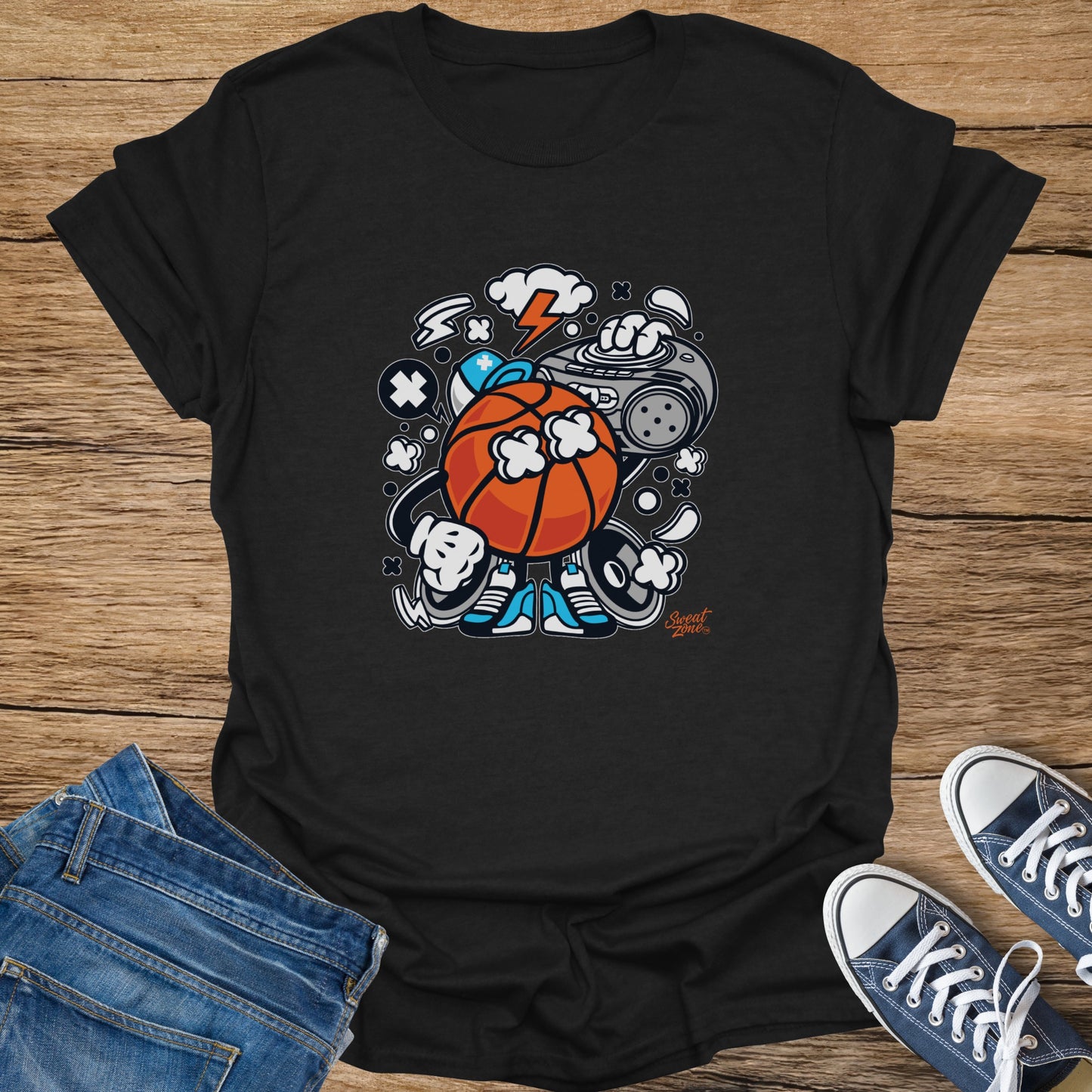 Black t-shirt with animated basketball DJ, boombox, and lightning bolt graphic.