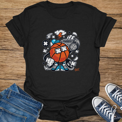 Black t-shirt with animated basketball DJ, boombox, and lightning bolt graphic.