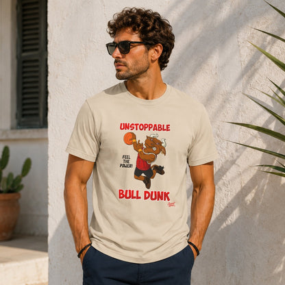 T-shirt with "Unstoppable Bull Dunk" text featuring a cartoon bull and basketball.