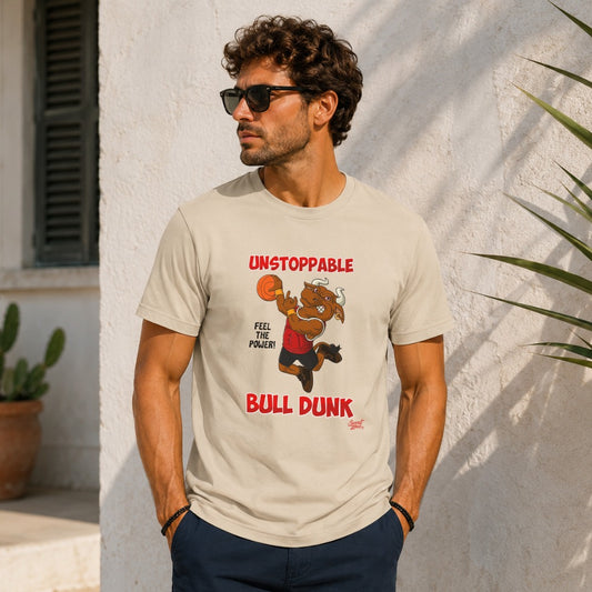 T-shirt with "Unstoppable Bull Dunk" text featuring a cartoon bull and basketball.