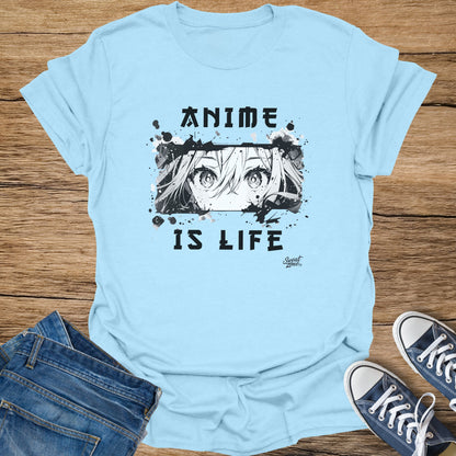 Light blue t-shirt with "ANIME IS LIFE" text and manga eyes graphic.
