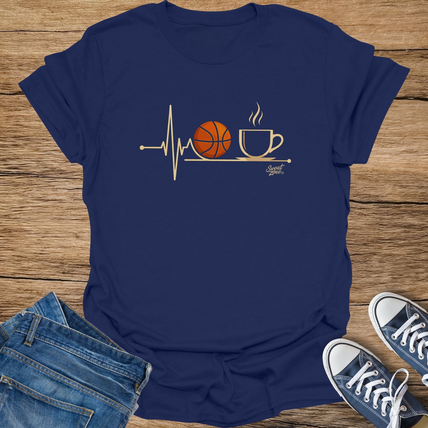 Navy t-shirt with a graphic of a heartbeat line, basketball, and coffee cup.