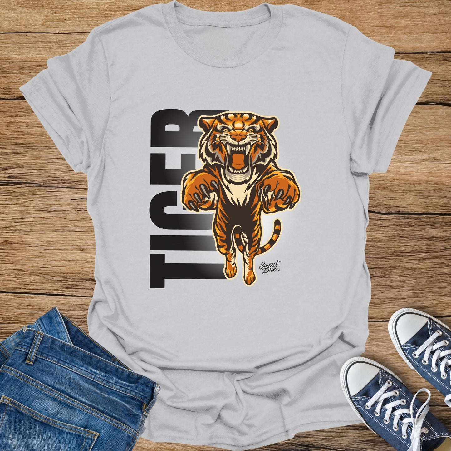 Grey t-shirt with roaring tiger graphic and "TIGER" text above.