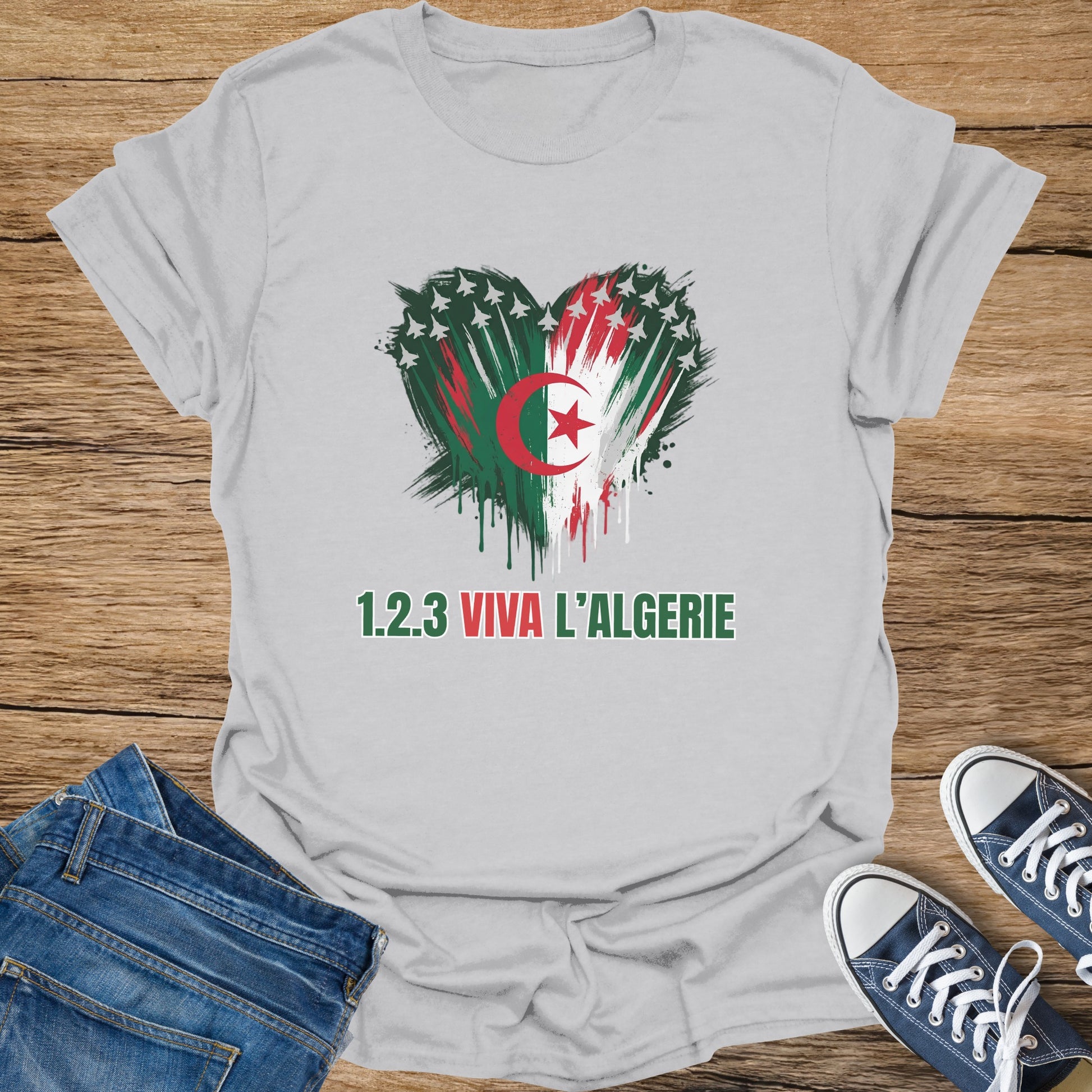 T-shirt with Algerian flag heart graphic and "1.2.3 VIVA L'ALGERIE" text.