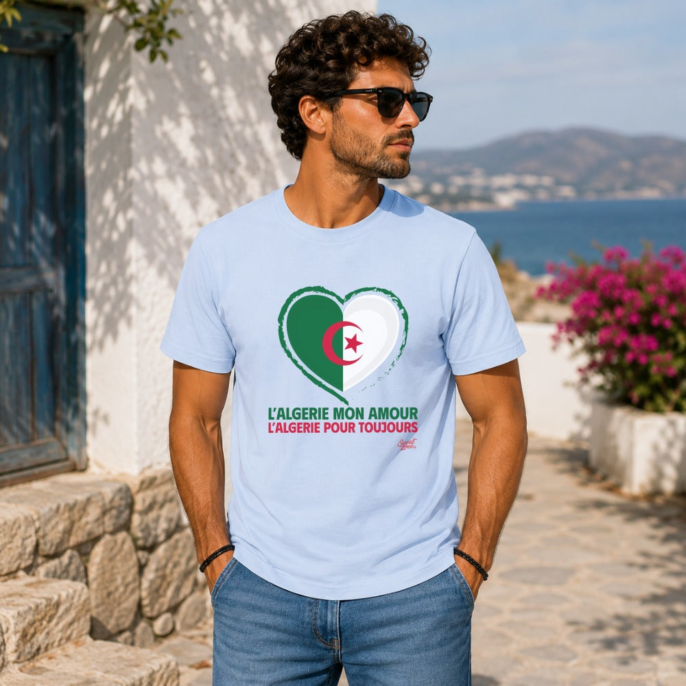 Light blue t-shirt with Algerian flag heart and text "L'Algerie Mon Amour".