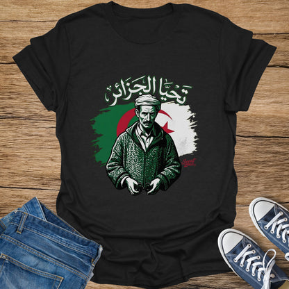 Black t-shirt with illustration of a man in front of the Algerian flag and Arabic script.